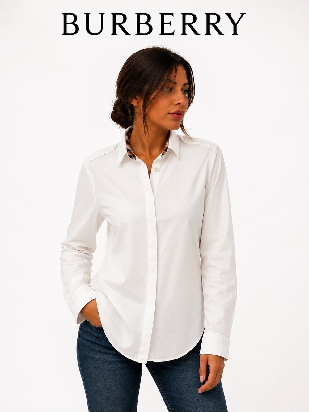 Burberry White Button-Down Shirt with Signature Check Trim